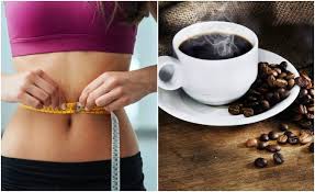 split screen woman measuring waist and hot cup of coffee